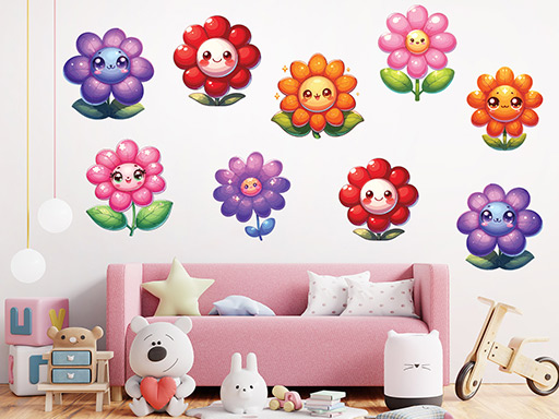 Veselé květinky samolepky na zeď, Veselé květinky nálepky na zeď pro děti, Veselé květinky dětské dekorace na zeď, Veselé květinky samolepící nálepky na zeď