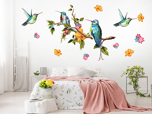 Větev s květy a ptáčky samolepky na zeď, Větev s květy a ptáčky nálepky na zeď, Větev s květy a ptáčky dekorace na zeď, Větev s květy a ptáčky samolepící nálepky na zeď
