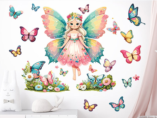 Víla s motýlky samolepka na zeď, Víla s motýlky nálepky na zeď, Víla s motýlky dekorace na stěnu, Víla s motýlky samolepící dekor na stěny, Víla s motýlky samolepící tapety na zeď