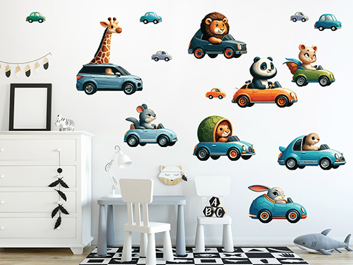 Zvířátka v autech samolepky na zeď, Zvířátka v autech nálepky na zeď, Zvířátka v autech dekorace na zeď, Zvířátka v autech samolepící nálepky na zeď