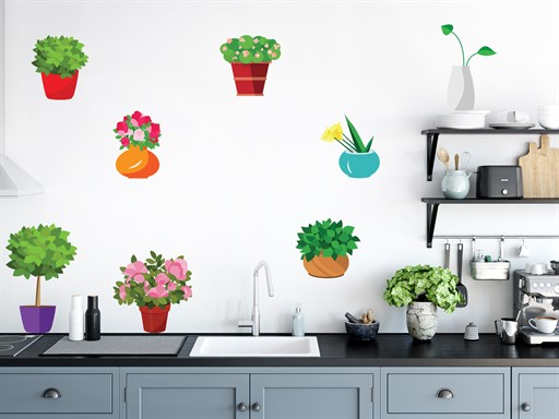 Barevné květináče samolepky na zeď, Barevné květináče nálepky na zeď, Barevné květináče dekorace na zeď, Barevné květináče samolepící nálepky na zeď