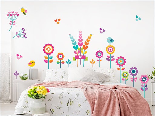 Barevné květiny samolepky na zeď, Barevné květiny nálepky na zeď, Barevné květiny dekorace na zeď, Barevné květiny samolepící nálepky na zeď