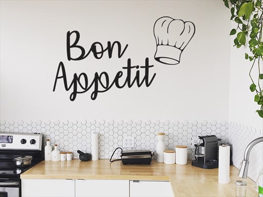 Bon Appetit s kuchařskou čepicí samolepky na zeď, Bon Appetit s kuchařskou čepicí nálepky na stěnu, Bon Appetit s kuchařskou čepicí dekorace na zdi, Nápis Bon Appetit s kuchařskou čepicí tapety na zdi