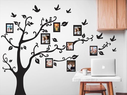 Strom s fotorámečky samolepky na zeď, Strom s fotorámečky nálepky na zeď, Strom s fotorámečky dekorace na zeď, Strom s fotorámečky samolepící nálepky na zeď