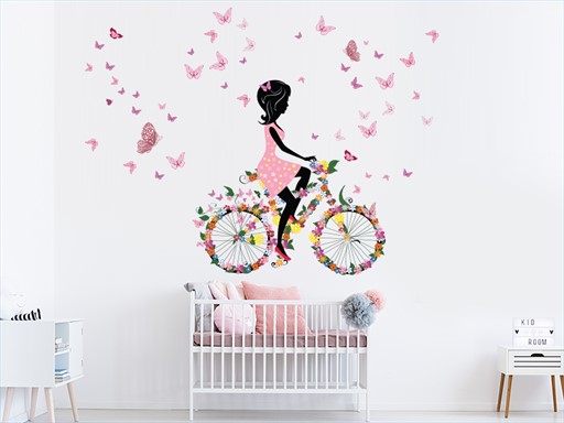 Květinová dívka na kole samolepky na zeď, Květinová dívka na kole nálepky na stěnu, Květinová dívka na kole dekorace na zdi, Květinová dívka na kole tapety na zdi
