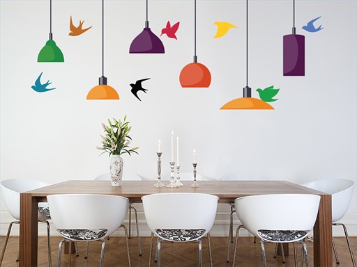 Lampy a ptáčci samolepky na zeď, Lampy a ptáčci nálepky na zeď, Lampy a ptáčci dekorace na zeď, Lampy a ptáčci samolepící nálepky na zeď