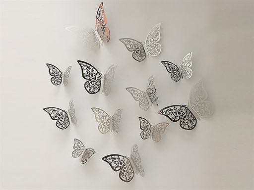 3D dekorace motýlci stříbrní, 3D samolepky na zeď motýli stříbrní, 3D nálepky na zeď motýlci stříbrní, 3D dekorace na stěnu motýlci stříbrní