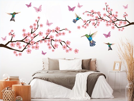 Motýli kolibříci a květy samolepky na zeď, Motýli kolibříci a květy nálepky na stěnu, Motýli kolibříci a květy dekorace na stěny, Motýli kolibříci a květy samolepící nástěnné dekorace