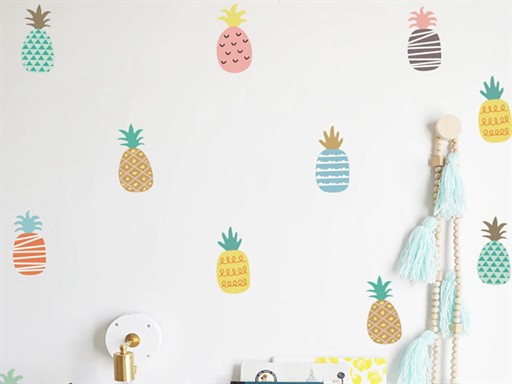 Sada barevných ananasů samolepky na zeď, Sada barevných ananasů nálepky na zeď pro děti, Sada barevných ananasů dětské dekorace na zeď, Sada barevných ananasů samolepící nálepky na zeď