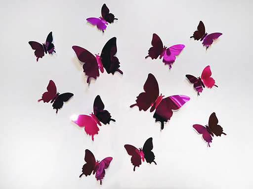 3D dekorace motýli metalická růžová, 3D samolepky na zeď motýli metalická růžová, 3D nálepky na zeď motýlci metalická růžová, 3D dekorace na stěnu motýlci metalická růžová