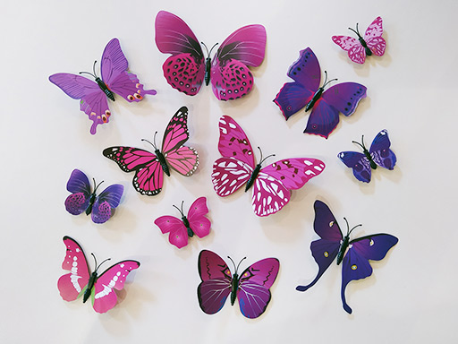 3D dekorace motýli růžová fialová, 3D samolepky na zeď motýli růžová fialová, 3D nálepky na zeď motýlci růžová fialová, 3D dekorace na stěnu motýlci růžová fialová