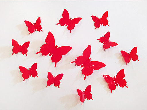 3D dekorace motýli červená, 3D samolepky na zeď motýli červená, 3D nálepky na zeď motýlci červená, 3D dekorace na stěnu motýlci červená