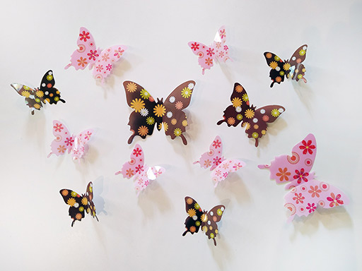 3D dekorace motýli růžoví hnědí s kytičkama, 3D samolepky na zeď motýli růžoví hnědí s kytičkama, 3D nálepky na zeď motýlci růžoví hnědí s kytičkama, 3D dekorace na stěnu motýlci růžoví hnědí s kytičkama