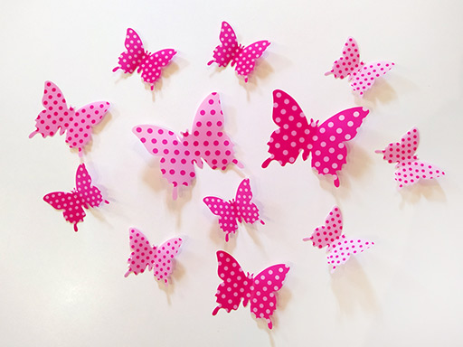 3D dekorace motýli růžoví s puntíky, 3D samolepky na zeď motýli růžoví s puntíky, 3D nálepky na zeď motýlci růžoví s puntíky, 3D dekorace na stěnu motýlci růžoví s puntíky