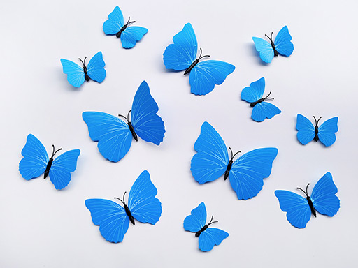 3D dekorativní motýlci na zeď modrá, 3D samolepky na zeď motýli modří, 3D nálepky na zeď motýlci modrá, 3D dekorace na stěnu motýlci modří