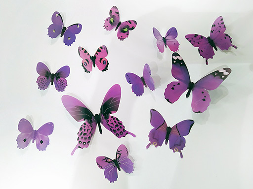 3D dekorace motýli fialoví, 3D samolepky na zeď motýli fialová, 3D nálepky na zeď motýlci fialová, 3D dekorace na stěnu motýlci fialová