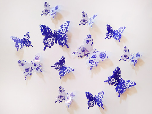 3D motýlci modří s květy 12 ks, 3D samolepky na zeď modří s květy 12 ks, 3D nálepky na zeď modří s květy 12 ks, 3D dekorace na stěnu motýlci modří s květy 12 ks