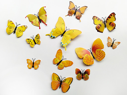 3D dekorace motýli žlutá, 3D samolepky na zeď motýli žlutá, 3D nálepky na zeď motýlci žlutá, 3D dekorace na stěnu motýlci žlutá