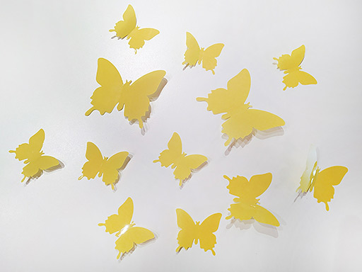 3D dekorace motýli žlutá, 3D samolepky na zeď motýli žlutí, 3D nálepky na zeď motýlci žlutá, 3D dekorace na stěnu motýlci žlutí