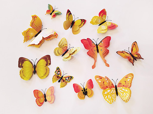 3D dekorace 3D motýli s dvojitými křídly žlutí, 3D samolepky na zeď 3D motýli s dvojitými křídly žlutí, 3D nálepky na zeď 3D motýli s dvojitými křídly žlutí, 3D dekorace na stěnu 3D motýli s dvojitými křídly žlutí