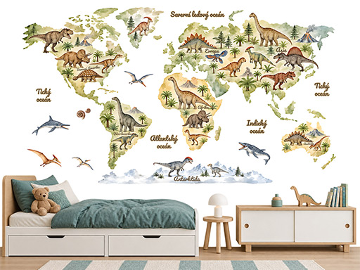 Akvarelová mapa světa s dinosaury samolepky na zeď, Akvarelová mapa světa s dinosaury tapety na zeď, Akvarelová mapa světa s dinosaury dekorace na zeď, Akvarelová mapa světa s dinosaury nálepky na zeď