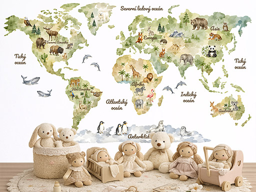 Akvarelová mapa světa se zvířátky samolepky na zeď, Akvarelová mapa světa se zvířátky tapety na zeď, Akvarelová mapa světa se zvířátky dekorace na zeď, Akvarelová mapa světa se zvířátky nálepky na zeď