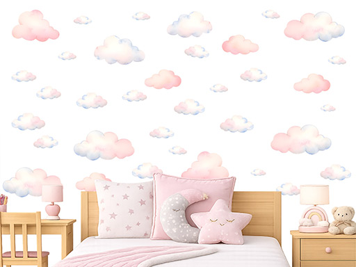 Akvarelové obláčky samolepky na zeď, Akvarelové mraky nálepky na zeď pro děti, Akvarelové nebe dětské dekorace na zeď, Akvarelové oblaka samolepící nálepky na zeď