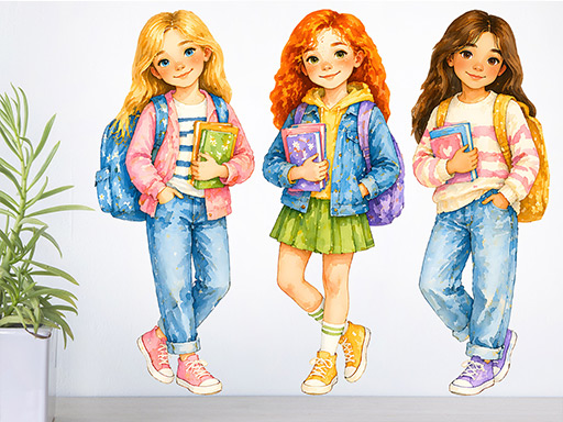 Akvarelové školačky samolepky na zeď, Akvarelové školačky tapety na zeď, Akvarelové školačky dekorace na zeď, Akvarelové školačky nálepky na zeď