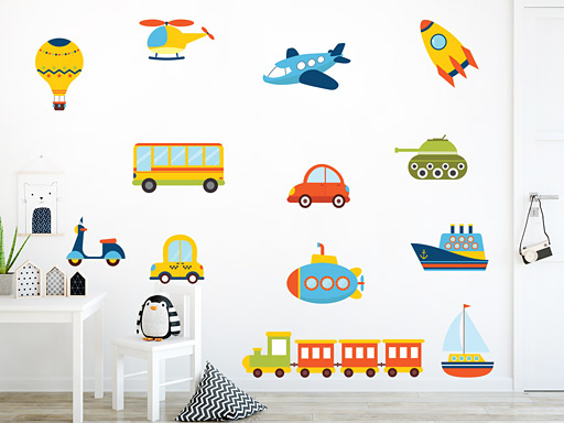 Auta lodě a letadla samolepky na zeď, Auta lodě a letadla nálepky na zeď pro děti, Auta lodě a letadla dětské dekorace na zeď, Auta lodě a letadla samolepící nálepky na zeď
