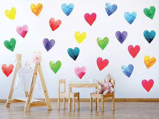 Barevná srdce samolepky na zeď, Barevná srdce do dětského pokoje samolepky na zeď, Barevná srdce nálepky na zeď, Barevná srdce pro děti dekorace na zeď, Barevná srdce samolepící nálepky na zeď