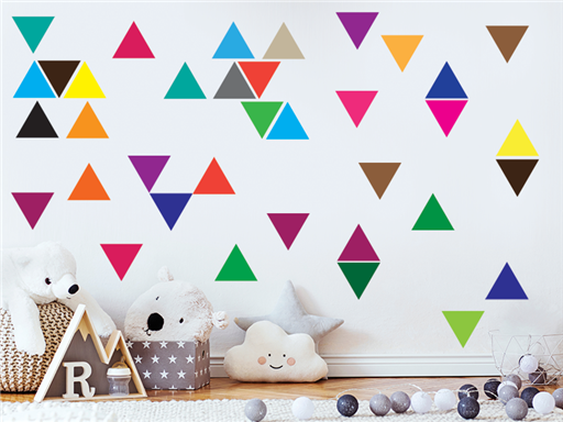 Barevné trojúhelníky samolepky na zeď, Barevné trojúhelníky do dětského pokoje samolepky na zeď, Barevné trojúhelníky nálepky na zeď, Barevné trojúhelníky pro děti dekorace na zeď, Barevné trojúhelníky samolepící nálepky na zeď