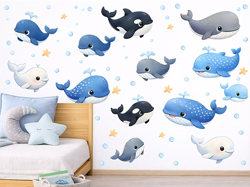 Barevné velryby samolepka na zeď, Barevné velryby nálepka na zeď, Barevné velryby dětská dekorace na zeď, Barevné velryby samolepící nálepka na zeď, Barevné velryby samolepka na zeď pro děti