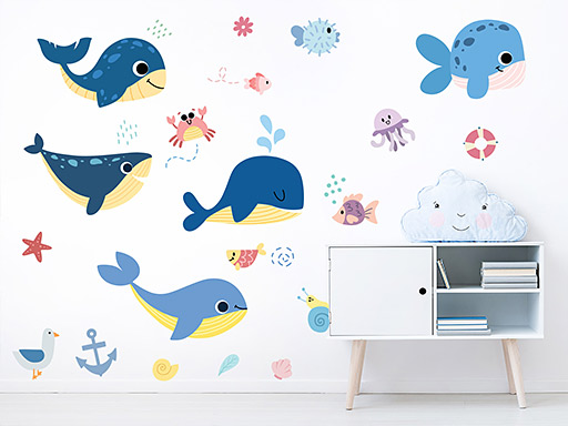 Barevné velryby samolepka na zeď, Barevné velryby nálepka na zeď, Barevné velryby dětská dekorace na zeď, Barevné velryby samolepící nálepka na zeď, Barevné velryby samolepka na zeď pro děti