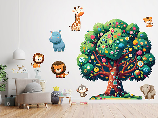 Barevný strom a zvířata samolepky na zeď, Barevný strom a zvířata nálepky na zeď pro děti, Barevný strom a zvířata dětské dekorace na zeď, Barevný strom a zvířata samolepící nálepky na zeď