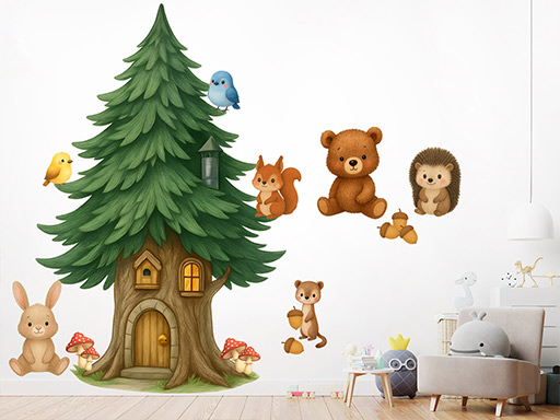 Barevný strom a zvířata samolepky na zeď, Barevný strom a zvířata nálepky na zeď pro děti, Barevný strom a zvířata dětské dekorace na zeď, Barevný strom a zvířata samolepící nálepky na zeď