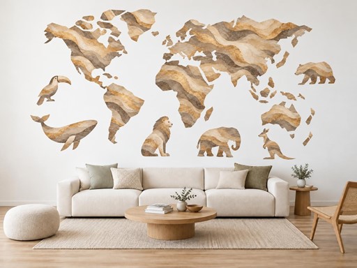 Béžovozlatá mapa světa se zvířaty