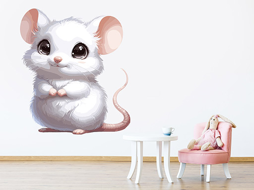 Bílá myška samolepka na zeď, Bílá myška samolepky na zdi, Bílá myška dekorace na stěnu, Bílá myška samolepící tapeta, Bílá myš samolepící dekor na zeď