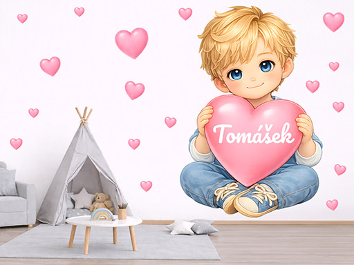 Blond chlapec se srdíčkem a jménem dekorace na zeď samolepky na zeď, blond chlapeček se srdíčkem a jménem dekorace na zeď, blond kluk se srdíčkem a jménem samolepící dekorace na zdi, blond klouček se srdíčkem a jménem dekorace na zeď nálepky na stěnu