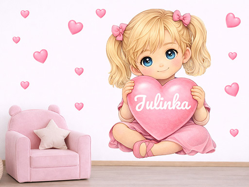 Blond holčička srdíčkem a jménem dekorace na zeď samolepky na zeď, Blond dívka se srdíčkem a jménem dekorace na zeď, Blond děvče se srdíčkem a jménem samolepící dekorace na zdi, Blond dívenka se srdíčkem a jménem dekorace na zeď nálepky na stěnu