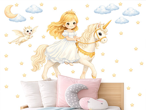 Blond princezna na koni samolepky na zeď, Blond princezna na koni tapety na zeď, Blond princezna na koni dekorace na zeď, Blond princezna na koni nálepky na zeď