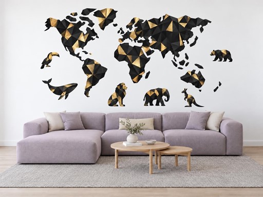 Černozlatá mapa světa se zvířaty