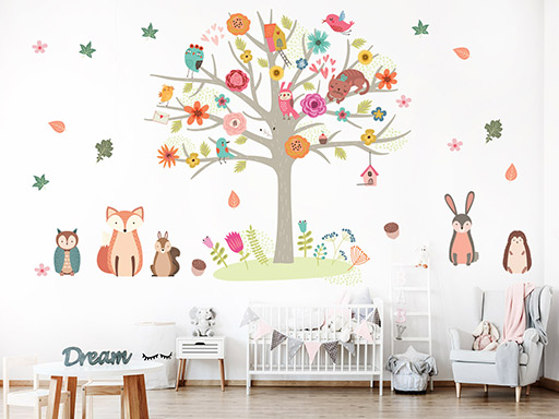 Dětský strom se zvířátky samolepky na zeď, Dětský strom se zvířátky nálepky na stěnu, Dětský strom se zvířátky dekorace na zdi, Dětský strom se zvířátky tapety na zdi