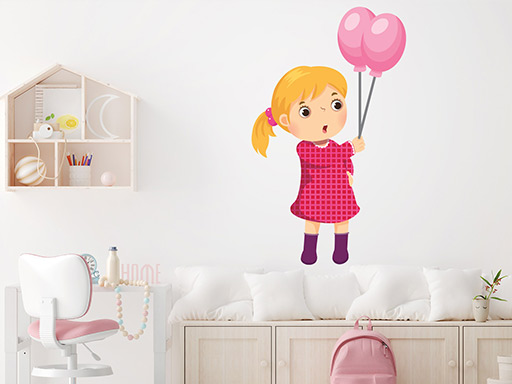Dívka s balónky samolepky na zeď, Dívka s balónky nálepky na zeď, Dívka s balónky dekorace na zeď, Dívka s balónky samolepící nálepky na zeď