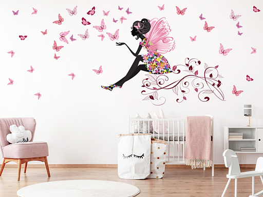 Dívka s motýlky samolepka na zeď, Dívka s motýlky nálepky na zeď, Dívka s motýlky dekorace na stěnu, Dívka s motýlky samolepící dekor na stěny, Dívka s motýlky samolepící tapety na zeď