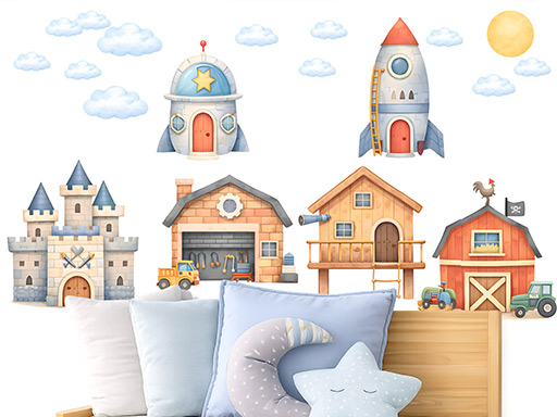 Domečky pro kluky samolepky na zeď, Domečky pro kluky tapety na zeď, Domečky pro kluky dekorace na zeď, Domečky pro kluky nálepky na zeď