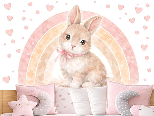 Duha a králik samolepky na zeď, Duha a zajíc nálepky na stěnu, Duha a králíček dekorace na zeď, Jednorožec a duha samolepky na zeď, duha s králíčkem nálepka na stěnu