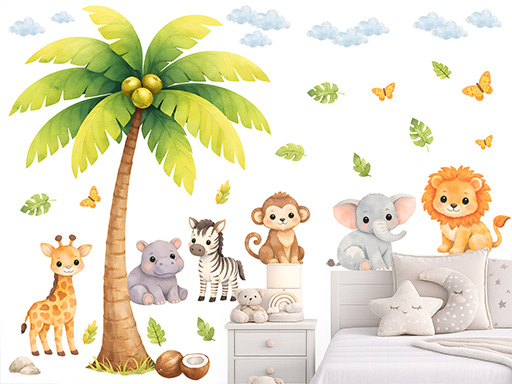 Exotická zvířátka a strom samolepky na zeď, Exotická zvířátka a strom nálepky na zeď pro děti, Exotická zvířátka a strom dětské dekorace na zeď, Exotická zvířátka a strom samolepící nálepky na zeď