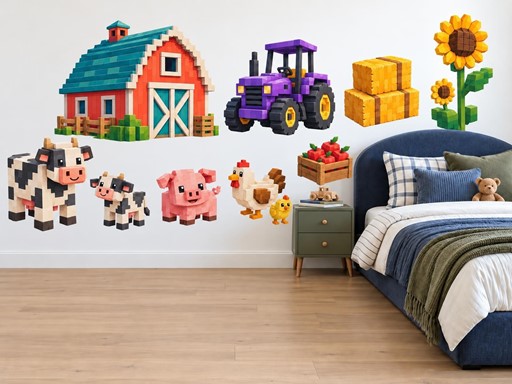 Farma s fialovým traktorem samolepky na zeď, Farma s fialovým traktorem tapety na zeď, Farma s fialovým traktorem dekorace na zeď, Farma s fialovým traktorem nálepky na zeď