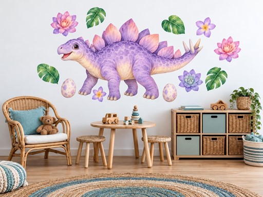 Fialový stegosaurus s květy samolepky na zeď, Fialový stegosaurus s květy tapety na zeď, Fialový stegosaurus s květy dekorace na zeď, Fialový stegosaurus s květy nálepky na zeď