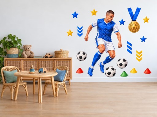 Fotbalista v modrém dresu samolepky na zeď, Fotbalista v modrém dresu tapety na zeď, Fotbalista v modrém dresu dekorace na zeď, Fotbalista v modrém dresu nálepky na zeď